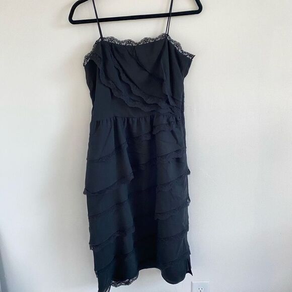 Vintage 60’s Neusteter’s Black Asymmetrical Tiered Lace Ruffle Dress - Picture 1 of 9